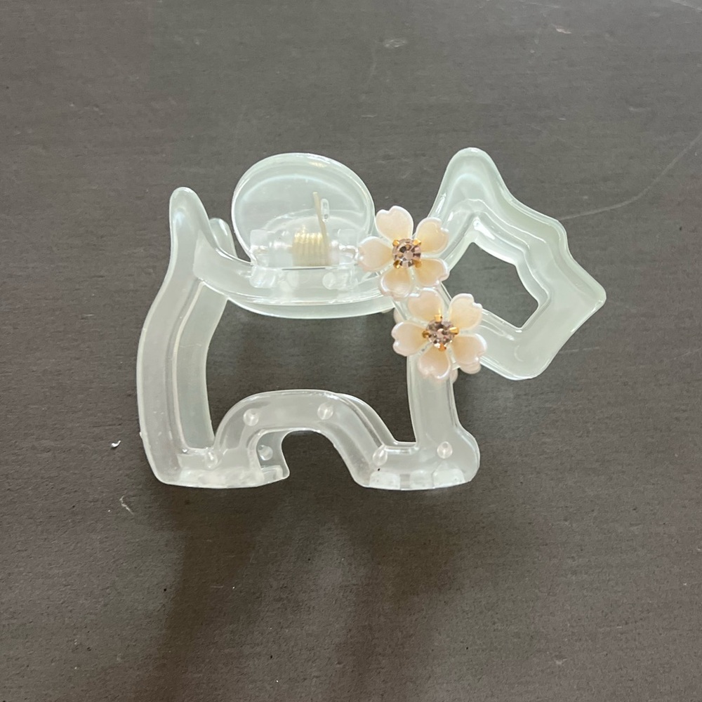 Pale Green Dog Puppy Mother Pearl Flower Rhinestone 3" Lobster Claw Hair Clip